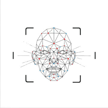 Geometric mesh of a human face scan with tracking points and scanning beam lines, spatial security biometric interface, high-tech identity verification aesthetic. minimalist flat vector artwork,