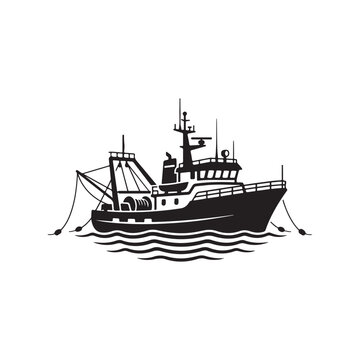 Black silhouette of a fishing trawler boat with nets and equipment on the water on a white background