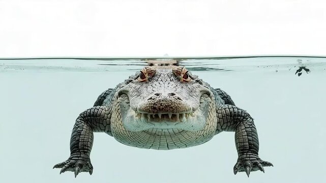 Alligator swimming underwater captured in high definition video footage showing sharp teeth and textured scales for wild nature documentary projects