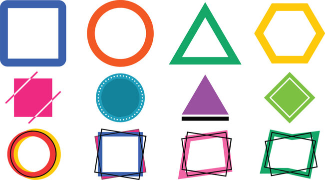 Colorful Geometric Shape Icon and Frame Set with Minimalist Circle Square Triangle Hexagon and Abstract Overlapping Borders for Graphic Web UI Designs