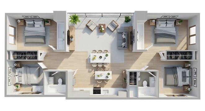 Top view of a modern fourbedroom apartment floor plan with furniture and decor