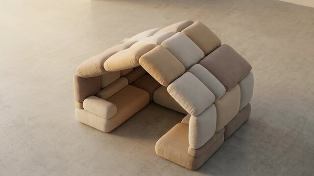 Stylish modular seating arrangement in neutral tones displayed in a minimalist interior space