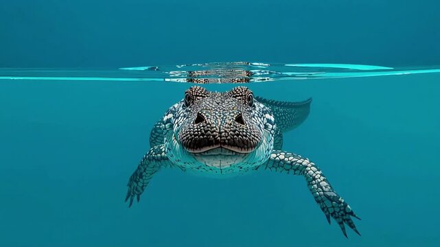Alligator swimming underwater footage showing a detailed reptile head surfacing in clear blue water for a cinematic nature video clip