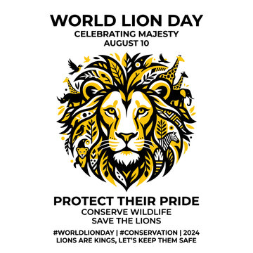 World Lion Day Illustration: Majestic Lion Head, Wildlife Conservation, August 10