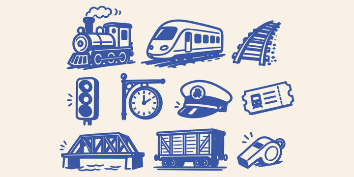 Railway transportation and train travel doodle icon set with locomotive track station clock ticket and bridge vector illustration