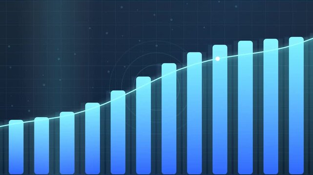A blue gradient bar graph rises steadily upward on a dark background with a glowing line