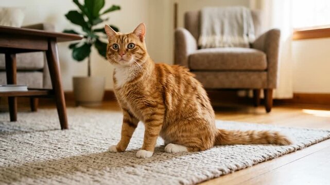 A curious orange tabby cat stands on a cozy rug in a well-lit living room with a green plant and soft furnishings