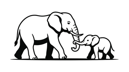 Elephant mother and baby walking together, black and white illustration © Dudung