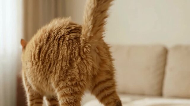 An orange tabby cat gracefully exploring a cozy living room with soft natural light filtering through a window