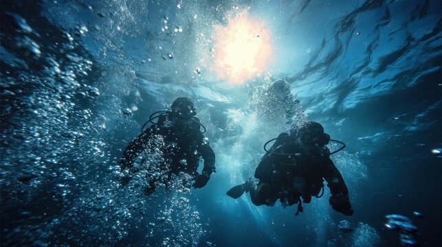 Scuba divers exploring deep blue ocean depths with sunlight rays and bubbles creating adventure atmosphere