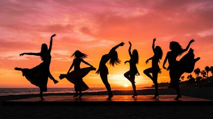 Obraz premium Silhouettes of women dancing gracefully on a stage by the sea during a golden sunset. Group of girls performing a choreographed dance routine. Tropical beach vacation and summer party lifestyle.