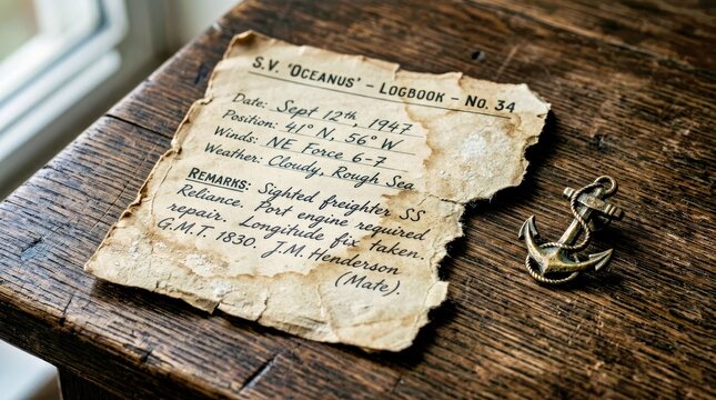 Vintage Ship Logbook Page With Nautical Anchor Key on Rustic Wooden Surface