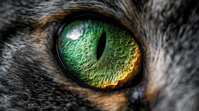 Captivating close-up of a domestic cat's striking green and gold eye, featuring a deep black vertical pupil and surrounding textured fur