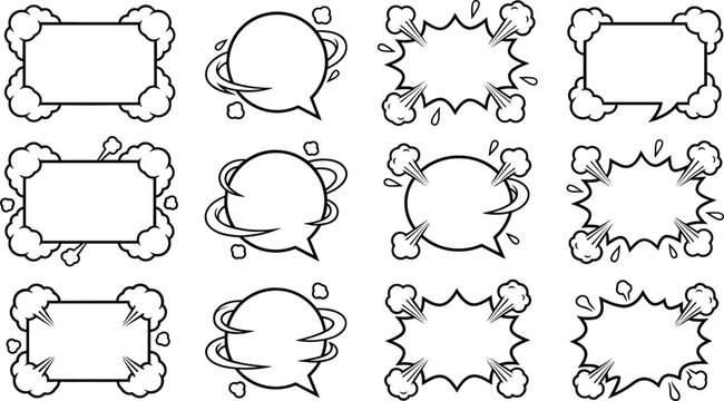 Comic Book Speech Bubble and Empty Message Box Set with Retro Burst Effects, Smoke Clouds, and Speed Lines for Manga Graphic Designs