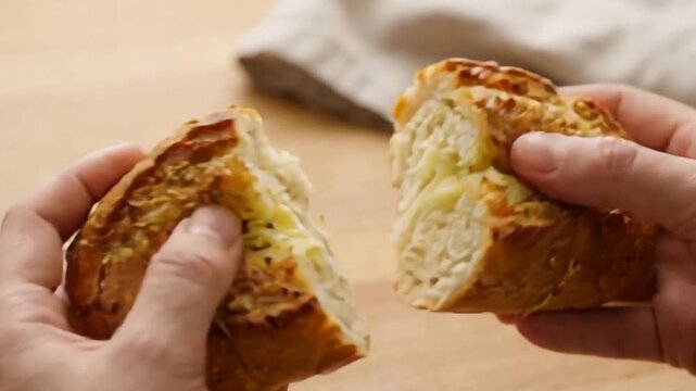 Hands pulling apart a soft bread loaf with gooey melted cheese stretching between the torn pieces on a wooden surface