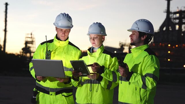 Nighttime safety inspection industrial site group of workers urban environment collaborative viewpoint safety compliance