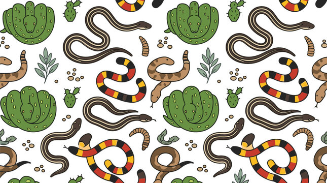 Seamless Snake Pattern Background with Green Python, Coral Snake, Rattlesnake, and Desert Cactus Elements for Textile and Wallpaper Vector Designs