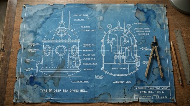 Vintage Technical Blueprint of a Deep Sea Diving Bell With Assembly View
