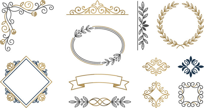 Elegant Vintage Floral Border and Frame Set with Gold Filigree Ornaments, Ribbon Banners, Wreaths, and Flourish Elements for Wedding Invitation Graphic Designs