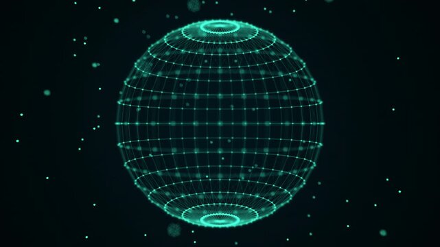 Teal wireframe digital twin globe with glowing nodes and drifting particles. Seamless 4K 60fps loop for AI analytics, global data, cybersecurity and network visualization.