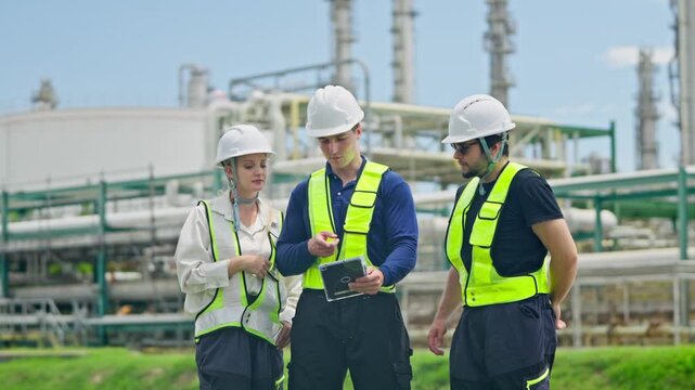 Industrial team meeting safety briefing outdoors factory environment professional development collaborative discussion
