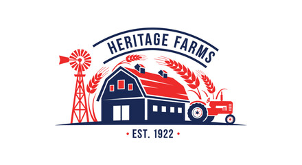 Heritage farms vintage logo featuring a barn windmill and tractor © Duru