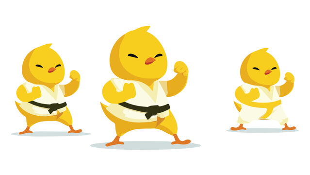 Cute Cartoon Duck Characters in Karate Uniforms Performing Martial Arts.