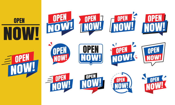 Modern red and blue open now button and shop badge icon set. Clean vector business store opening speech bubble symbols isolated on white background for retail marketing UI.