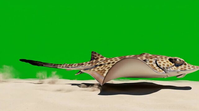 Spotted stingray swimming over sandy seabed, green screen chroma key background, marine life ocean underwater