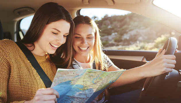 Close Up of Young Friends Looking at Map in Car