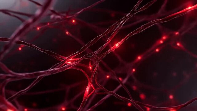 Abstract close-up of glowing red neural connections. Visual representation of brain activity and neural networks in a digital context