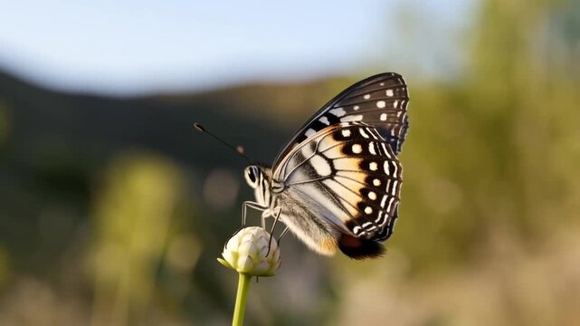 Close-up of a butterfly perched on a flower bud in a natural setting. Symbolizes beauty, transformation, and the importance of pollinators in ecosystems
