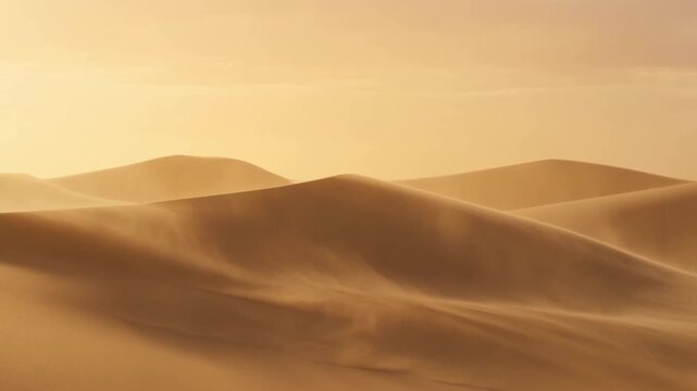 Serene desert landscape with rolling sand dunes under a golden sky. Captures the tranquility and vastness of nature's beauty