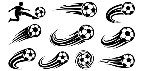 Obraz premium A soccer player kicks a ball with speed lines and swirling motion graphics around it.