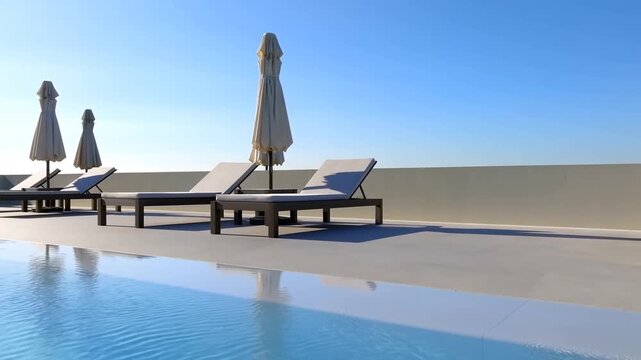Relaxing poolside scene with sun loungers and umbrellas under a clear blue sky. Ideal for vacation, leisure, and resort marketing