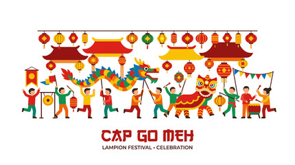Fototapeta premium Cap Go Meh Festival Celebration: Dragon Dance, Lion Dance, Lanterns, Gongs