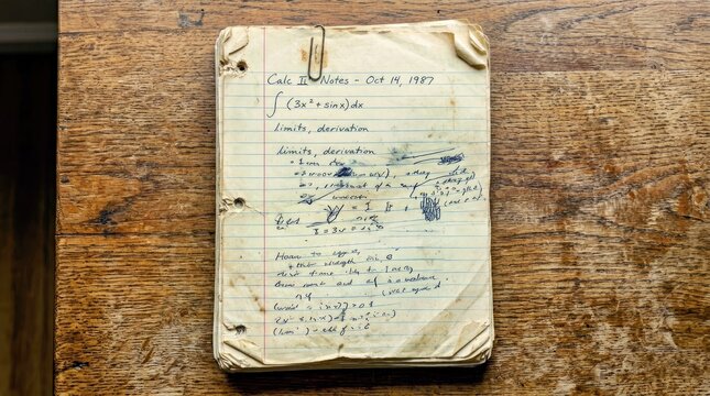 Weathered Notebook With Handwritten Calculus Notes on Wooden Table