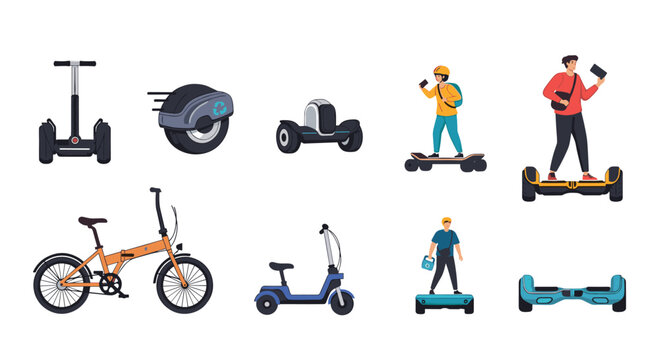 Modern selection of electric personal transportation devices including hoverboards, scooters, unicycles, and e-bikes for urban commuting.