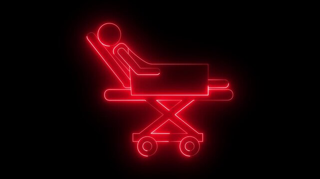 Glowing neon medical Stretcher icon isolated on black background. Medical stretcher with a patient icon for emergency transport and healthcare services. 4k video animation. 