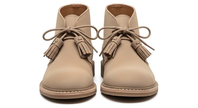 Pair of tan suede desert boots with tassels footwear clothing accessory