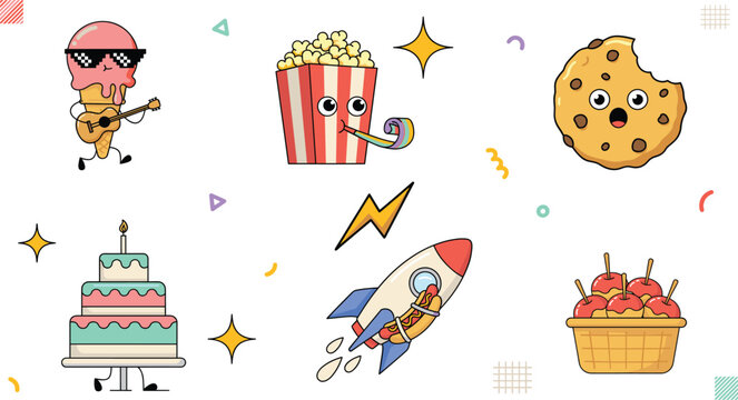 Retro party food and celebration cartoon character vector collection featuring funny ice cream popcorn cookie cake rocket and candy apple elements isolated on white background