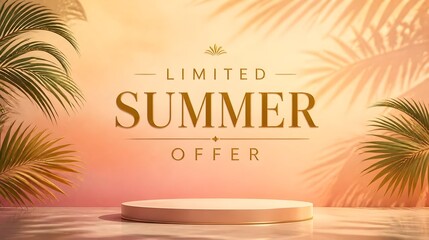 Fototapeta premium A tropical summer background with soft shadows and gradient tones, featuring centered luxury typography “LIMITED SUMMER OFFER” in a minimal, premium commercial advertising design.
