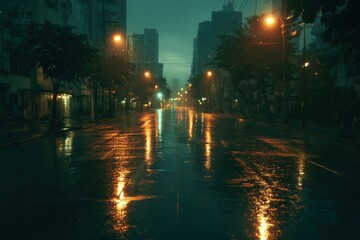 Obraz premium Empty city street after rain at dawn with wet reflections