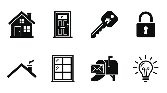 Real estate icon set with 8 black vector elements, house and home security symbols, residential property and mortgage icons for web design