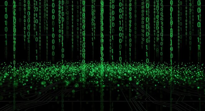 Green digital rain of binary code cascading down with glowing particles on a dark background, representing data streams and technology.