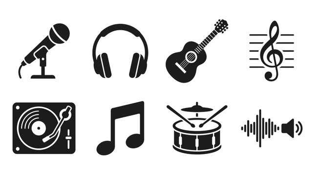 Minimalist music icon set, black musical instrument vector silhouettes, 8 professional audio equipment symbols for studio and podcast branding