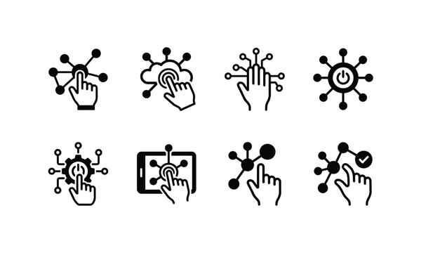 Network connection icons with hand touch interface elements.
