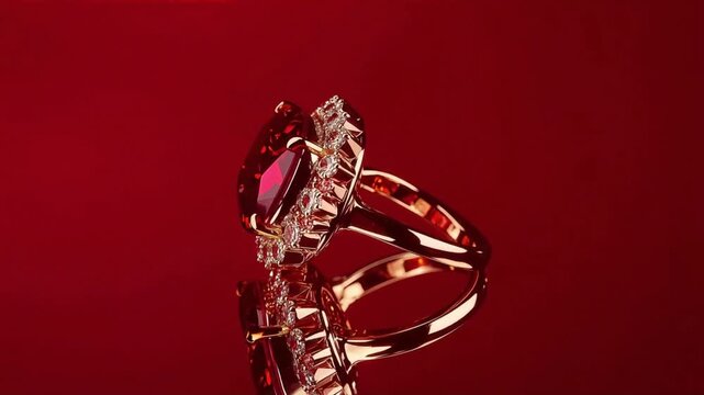 Ruby ring jewelry glowing in dark red lighting showcasing luxury gemstone design in a professional high quality studio video motion