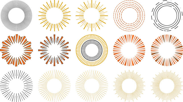 Retro Sunburst Circle Frame Set with Vintage Starburst Borders Radial Line Rays and Geometric Sun Beams for Logo Badges and Graphic Designs