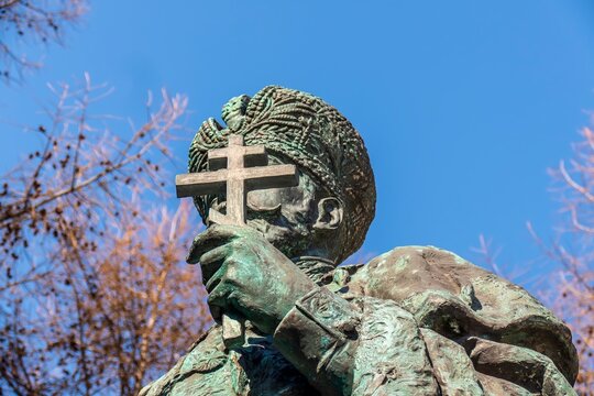 Sculptural portrait of Russian emperor Nicholas II, the last tsar of the house of Romanov. Sunny spring day